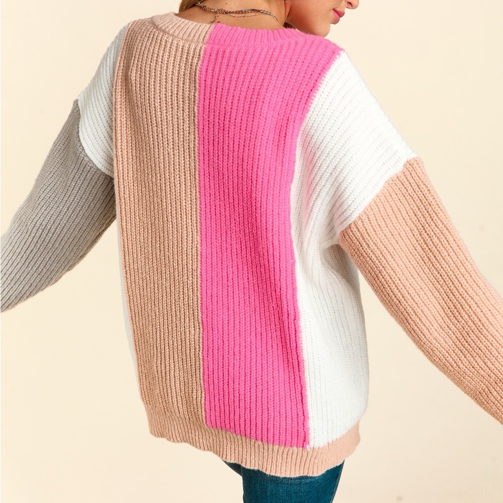 Color Block Knit V-Neck Pullover Relaxed Fit Sweater, Pink/Gray/Tan/White, S-M-L - Picture 10 of 10